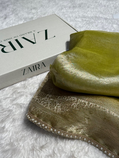 Olive Green Shades Pure Tissue Silk Saree with Gotta Patti Brocade Blouse PTGP-08