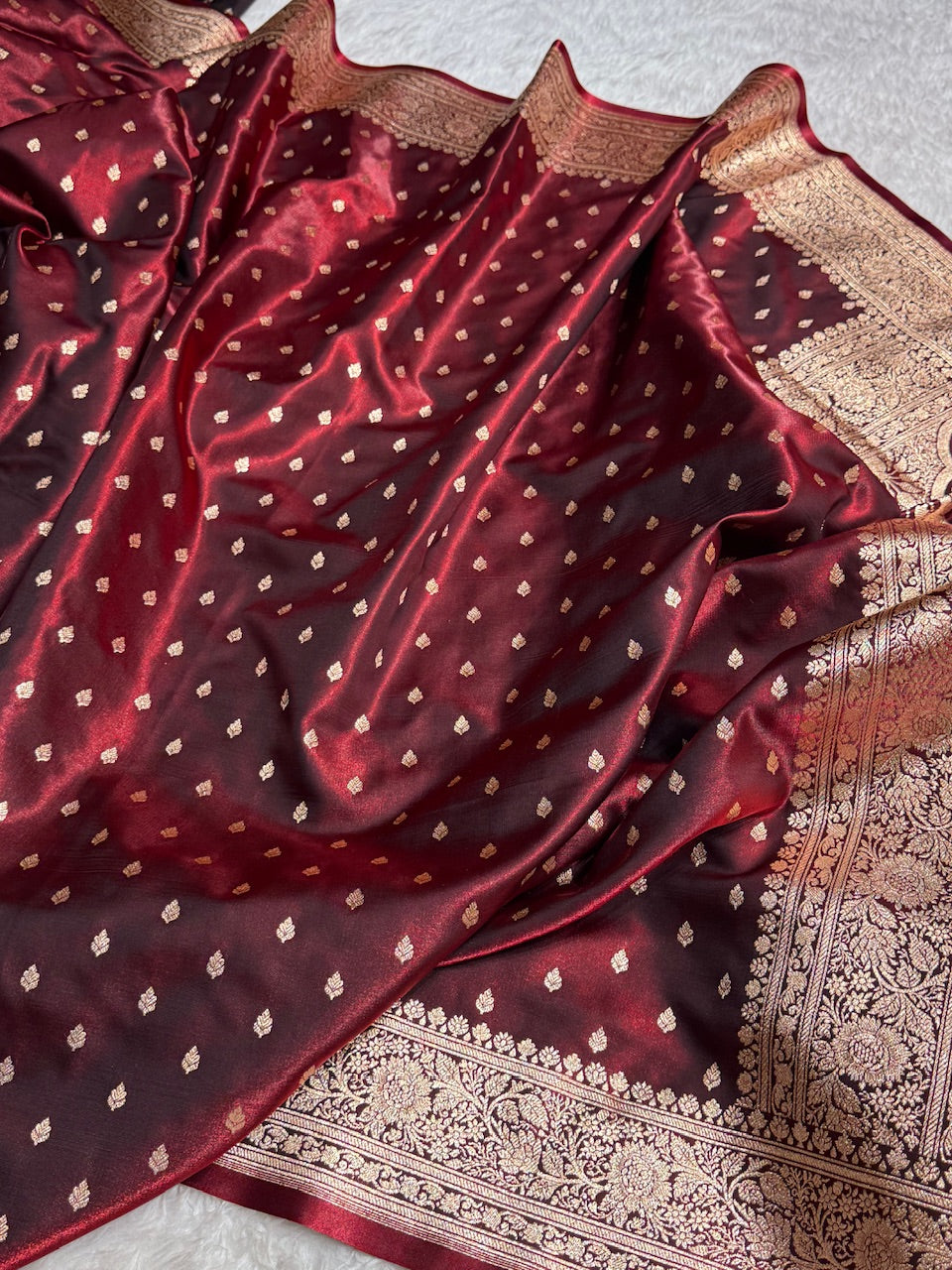 Ultra Light Weight Satin Silk Booti in Maroon Shades