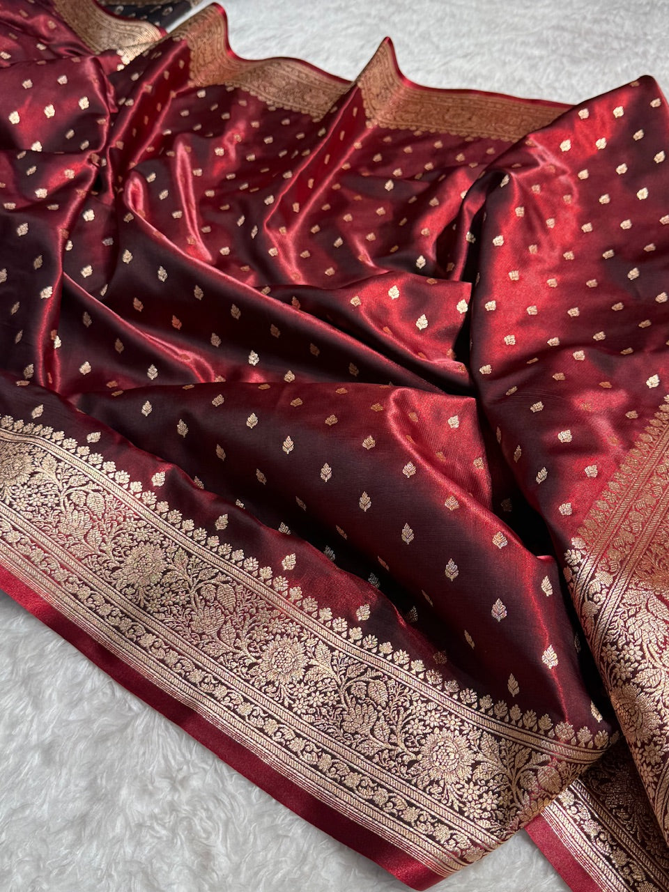 Ultra Light Weight Satin Silk Booti in Maroon Shades