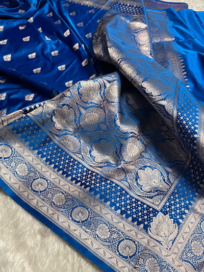 French Blue Banarasi Booti Katan Silk Saree