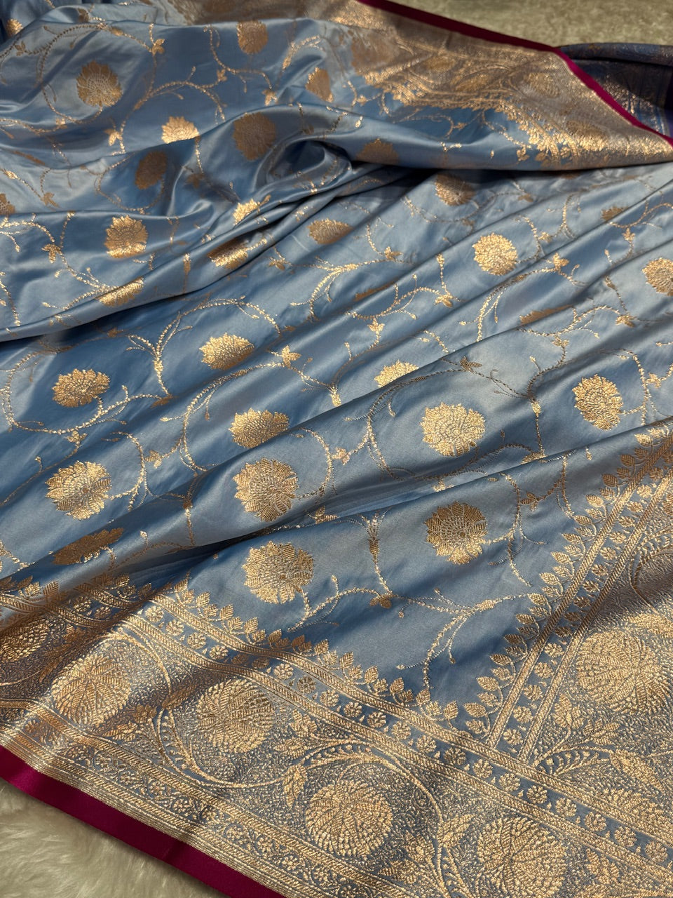 Nile Blue Banarasi Jaal Satin Katan Silk Saree SK06