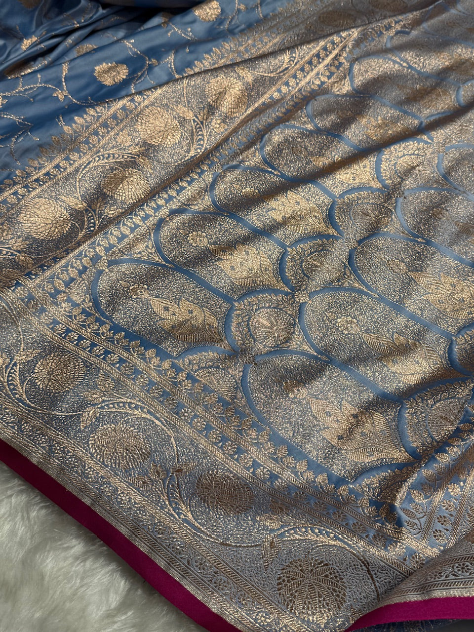 Nile Blue Banarasi Jaal Satin Katan Silk Saree SK06
