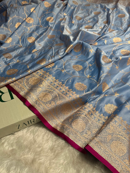 Nile Blue Banarasi Jaal Satin Katan Silk Saree SK06