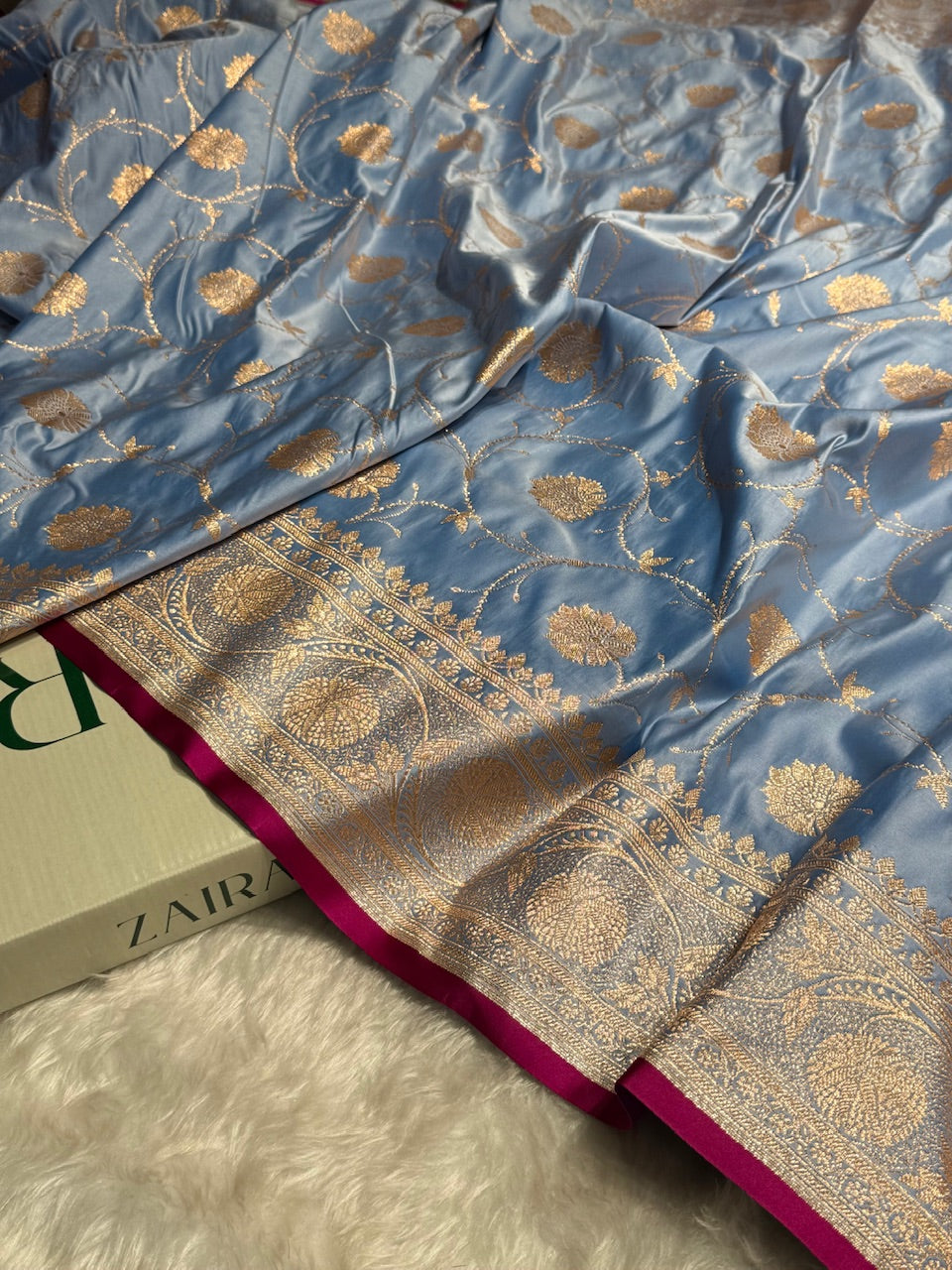 Nile Blue Banarasi Jaal Satin Katan Silk Saree SK06