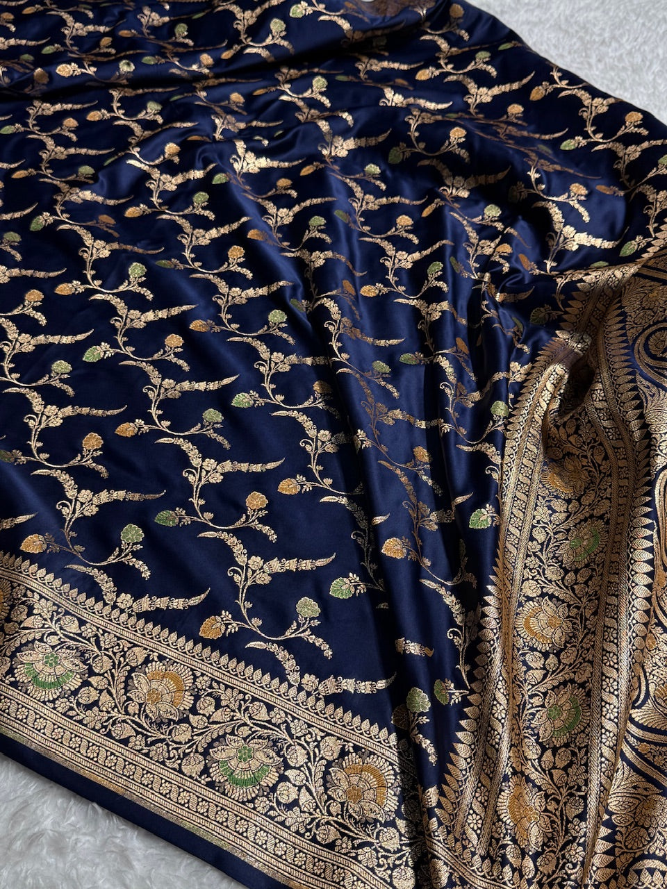 Blue Charcoal Banarasi Jaal Katan Silk Saree