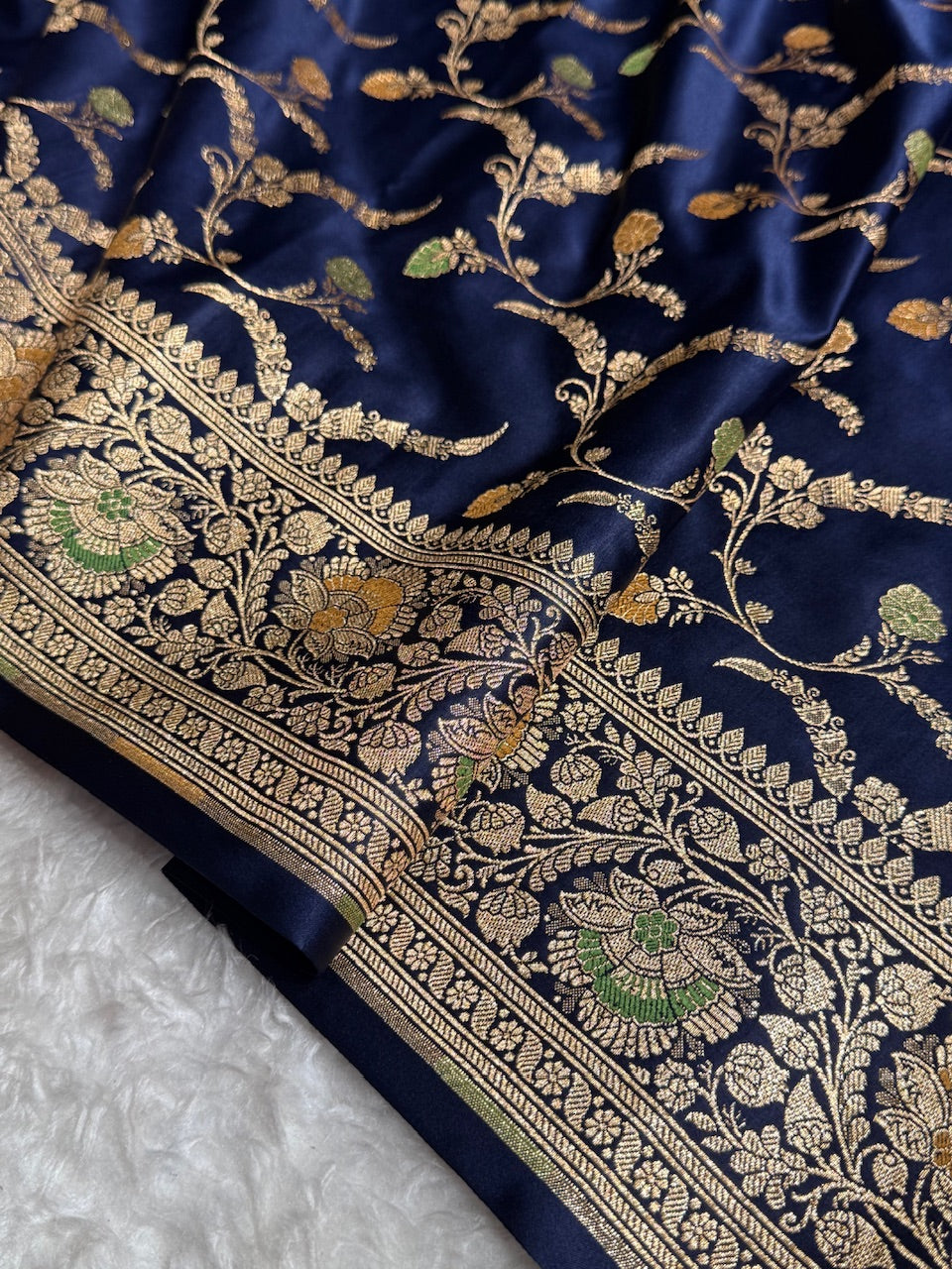Blue Charcoal Banarasi Jaal Katan Silk Saree