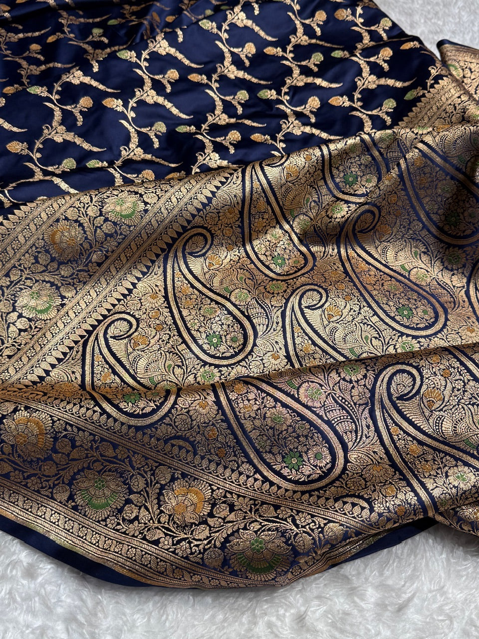 Blue Charcoal Banarasi Jaal Katan Silk Saree