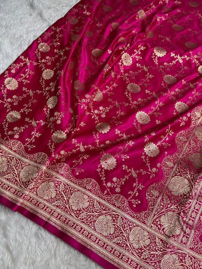 Redish Pink Banarasi Jaal Katan Silk Saree