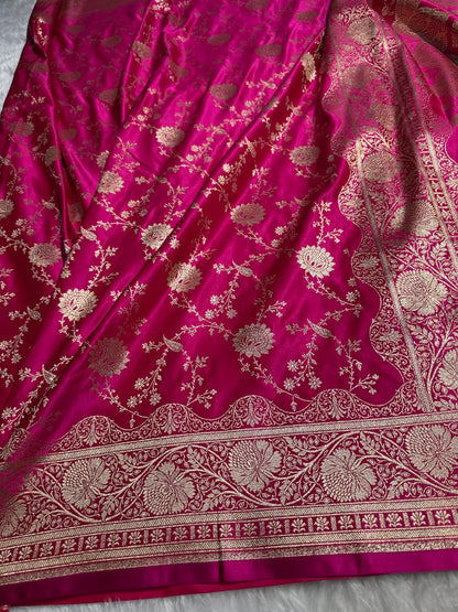 Redish Pink Banarasi Jaal Katan Silk Saree