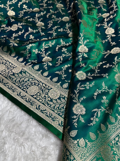 Bottle Green Banarasi Jaal Katan Silk Saree