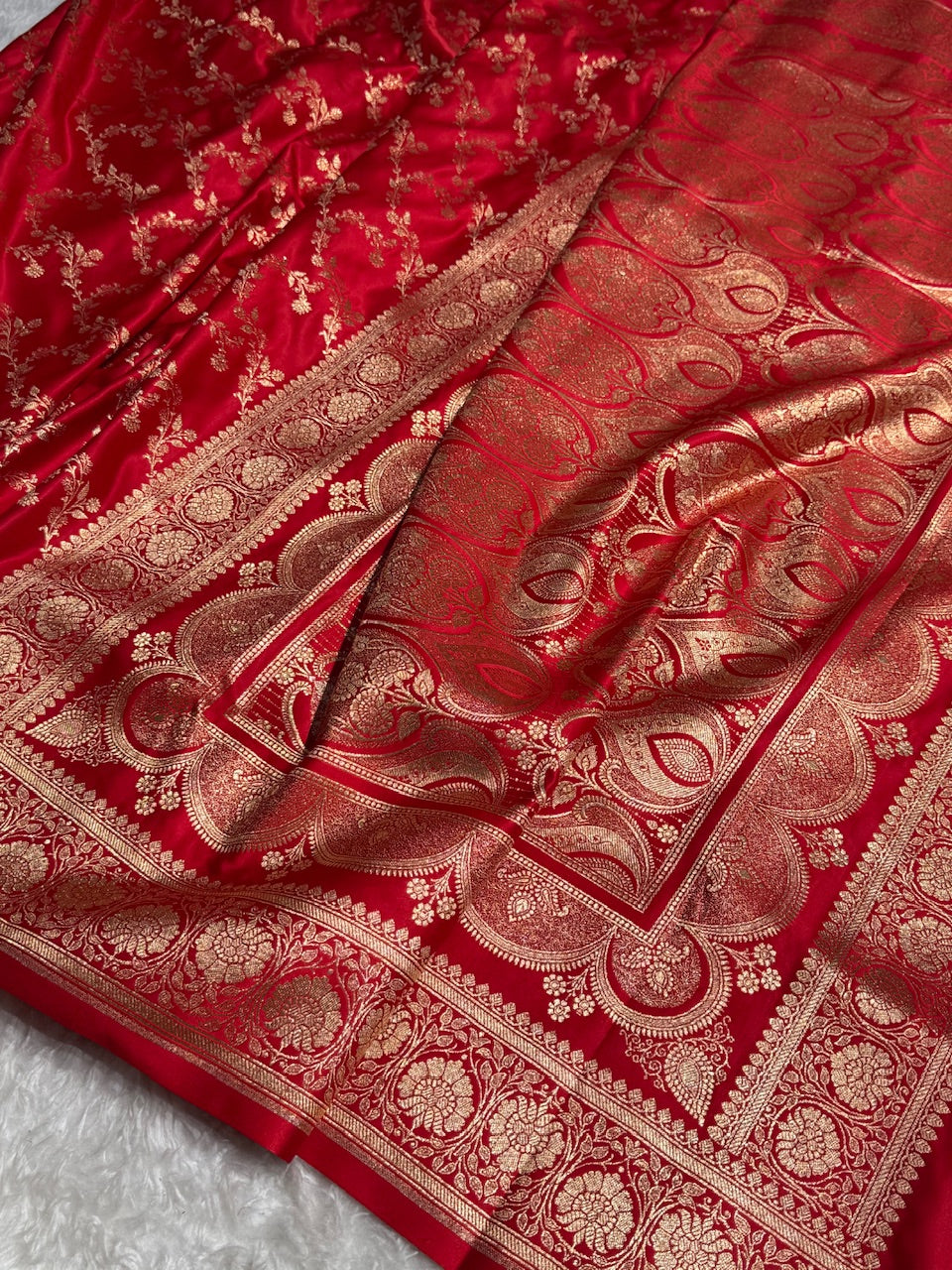 Red Banarasi Jaal Katan Silk Saree