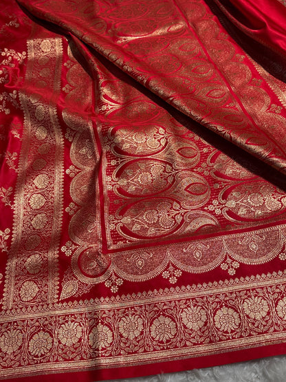 Red Banarasi Jaal Katan Silk Saree