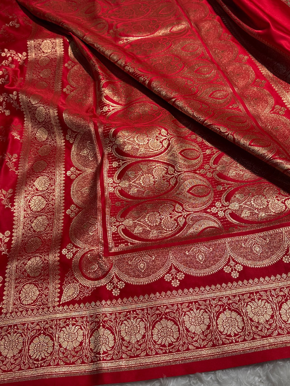 Red Banarasi Jaal Katan Silk Saree