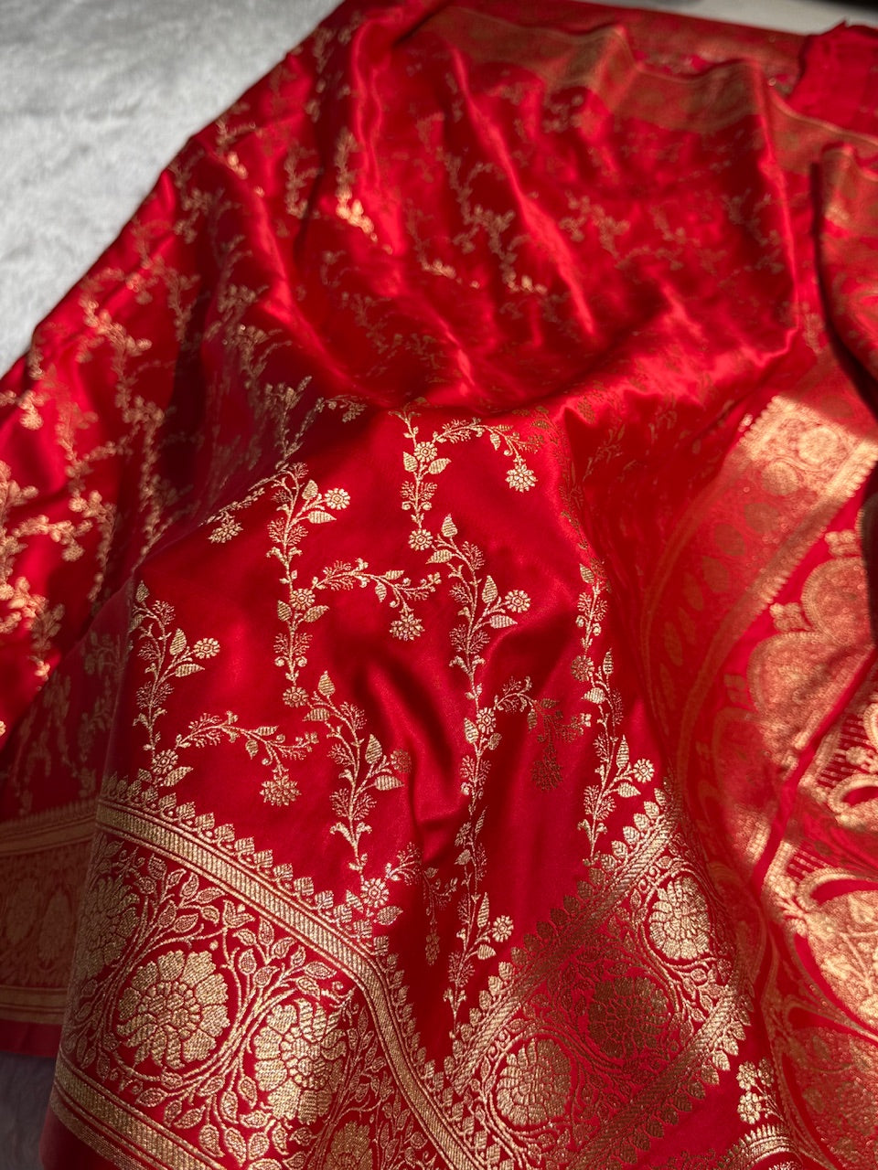 Red Banarasi Jaal Katan Silk Saree