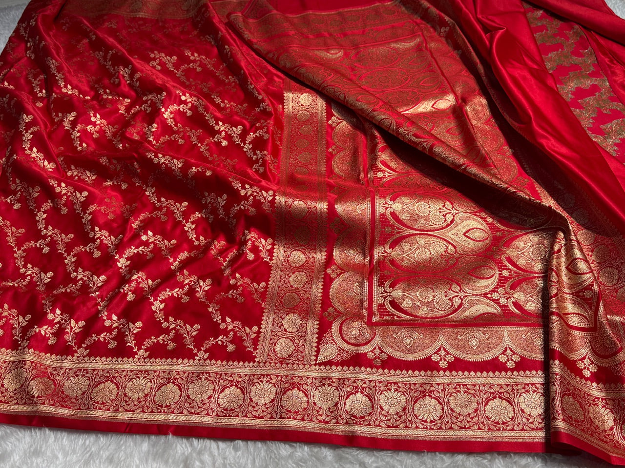 Red Banarasi Jaal Katan Silk Saree