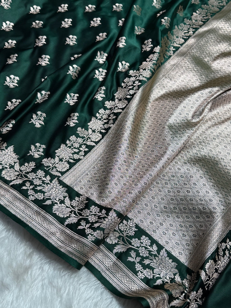 Bottle Green Shades Floral Boota Mashru Silk Saree