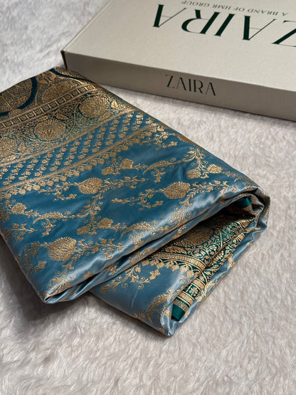 Pastel Blue Banarasi Jaal Katan Silk Saree