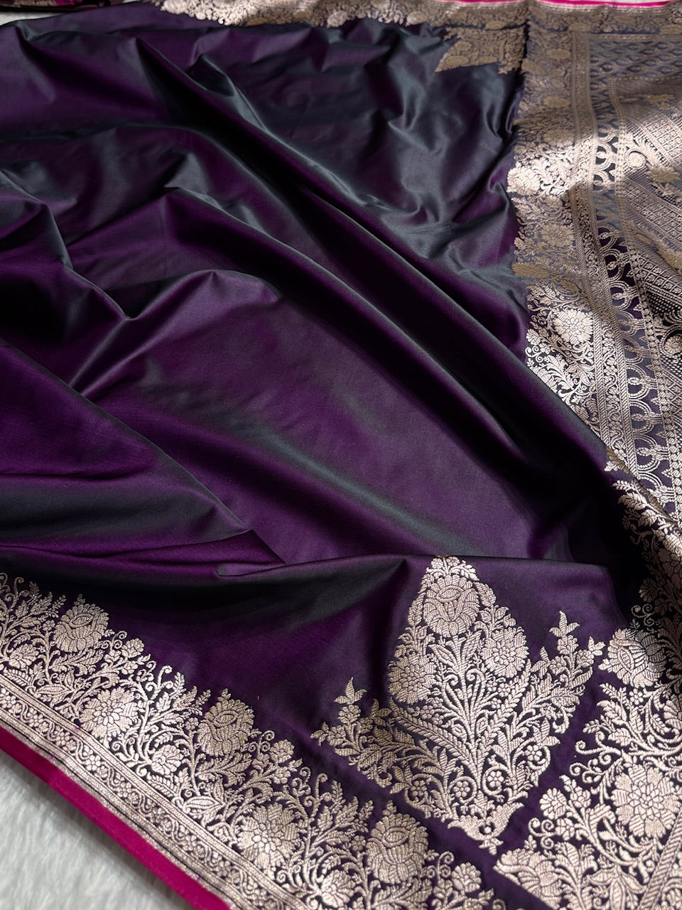 Dark Purple Shades Floral Border Mashru Silk Saree