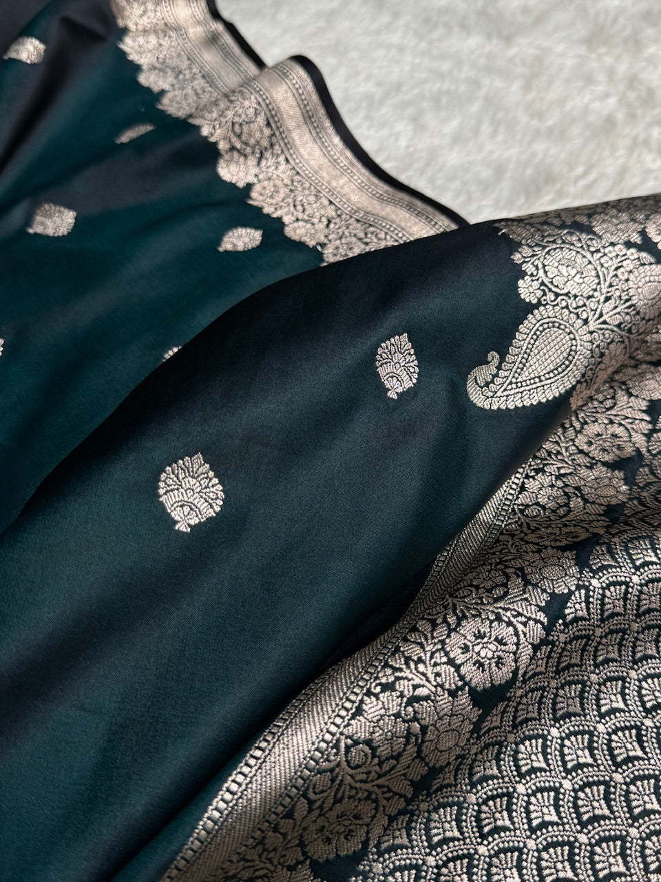 Dark Green Shades Floral Boota Mashru Silk Saree