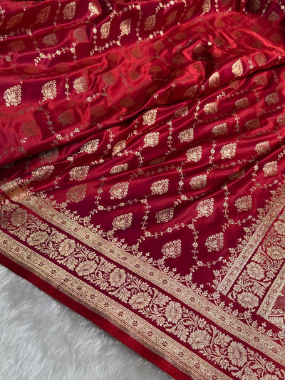 Magnetic Red Floral Jaal Pattern Satin Katan Silk saree SK42