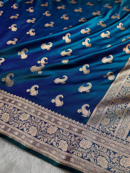 Satin Silk Saree Floral Boota in Peacock Shades SS27