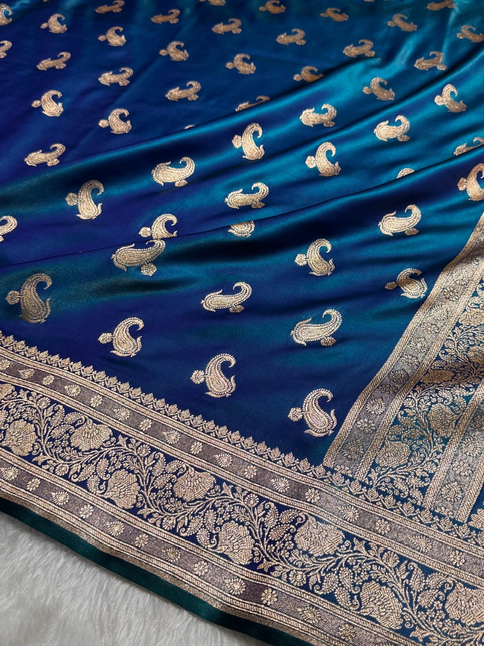Satin Silk Saree Floral Boota in Peacock Shades SS27