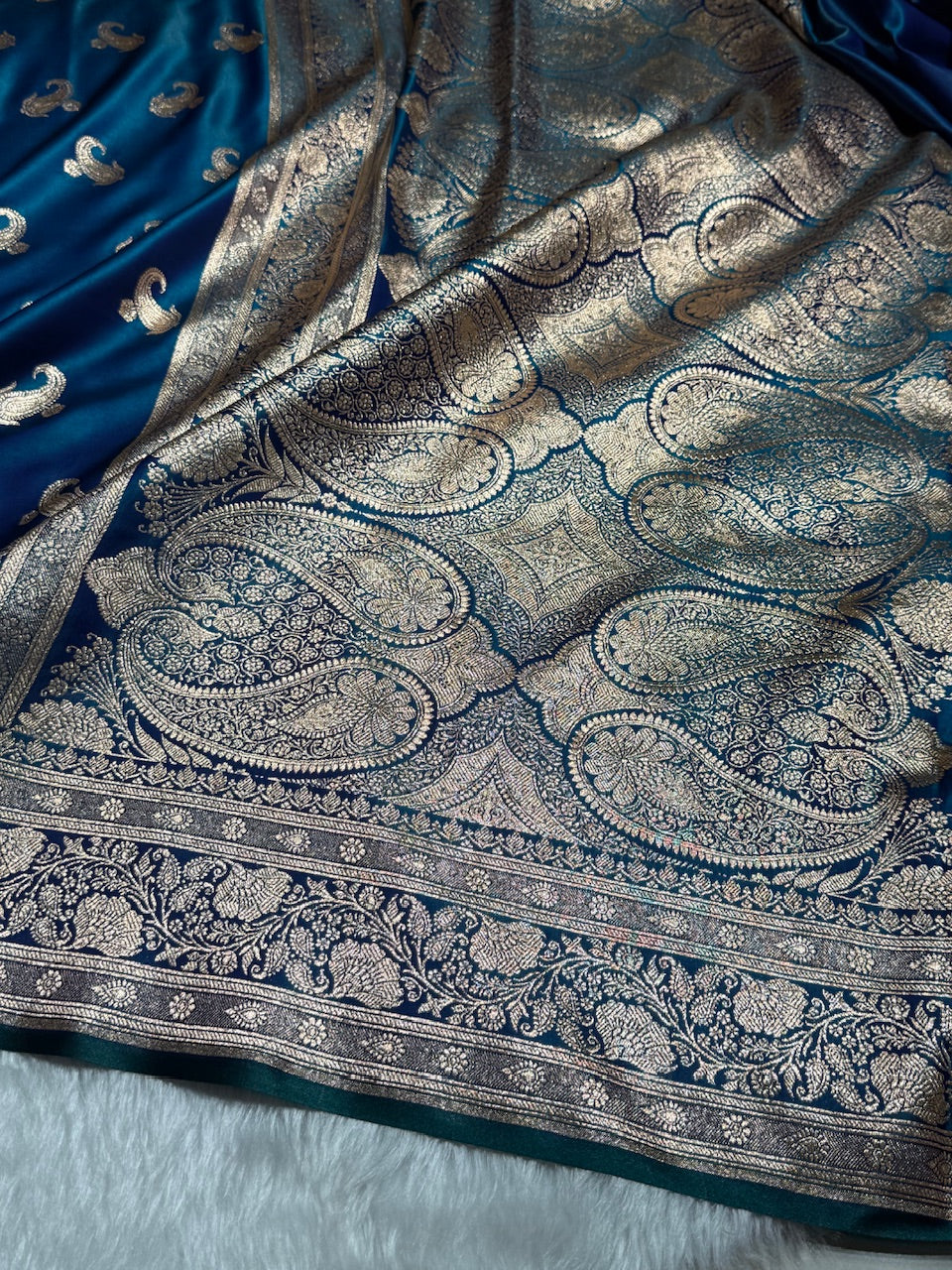 Satin Silk Saree Floral Boota in Peacock Shades SS27