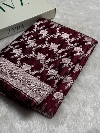 Chocolate Floral Jaal Mashru Silk Saree MCS28
