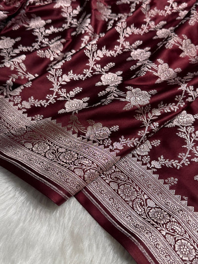 Chocolate Floral Jaal Mashru Silk Saree MCS28