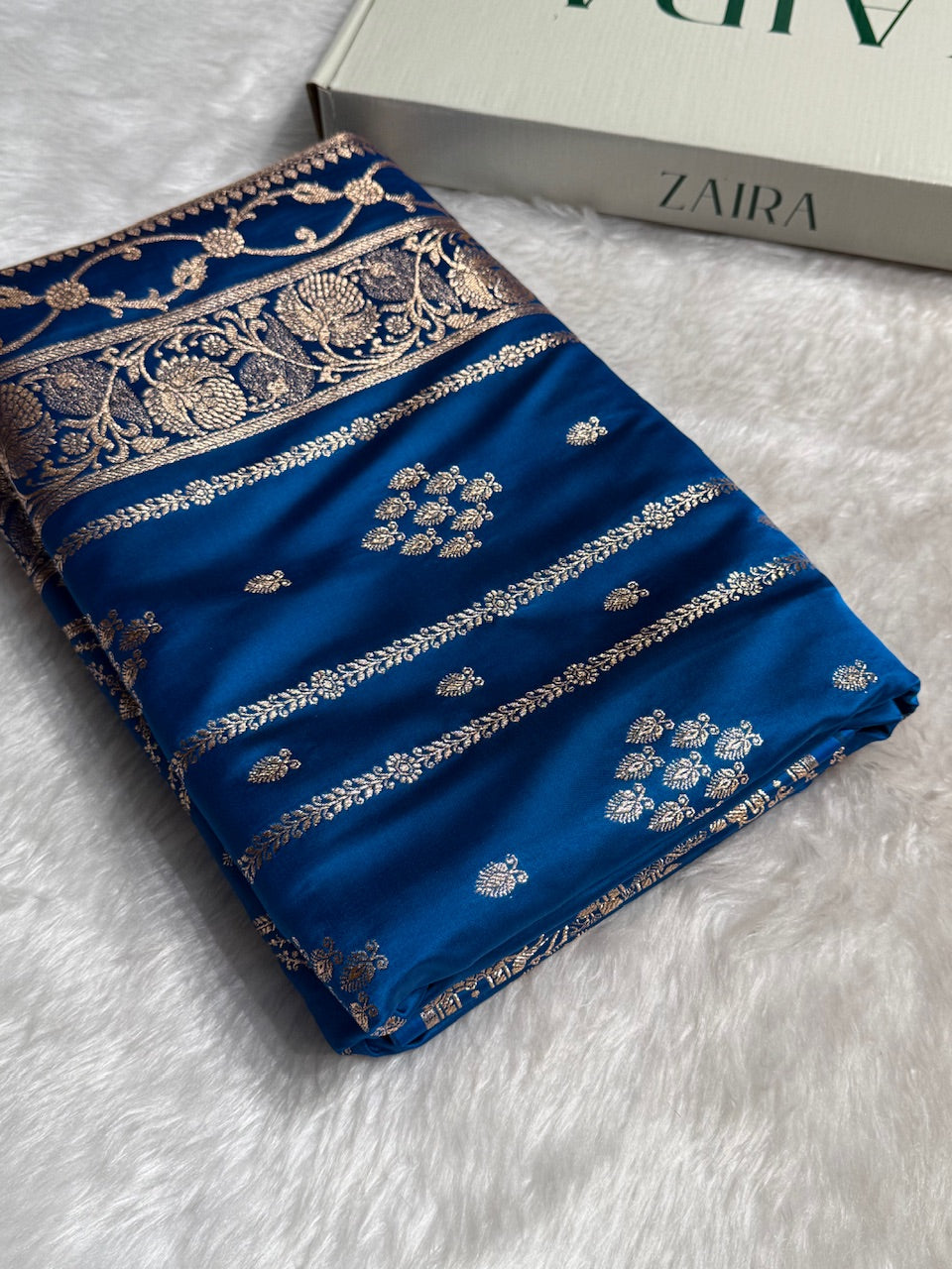 Dusty Blue Floral Boota Pattern Satin Katan Silk saree SK39