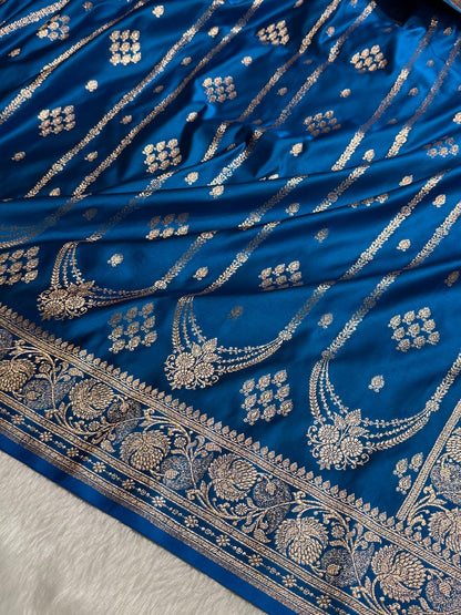 Dusty Blue Floral Boota Pattern Satin Katan Silk saree SK39