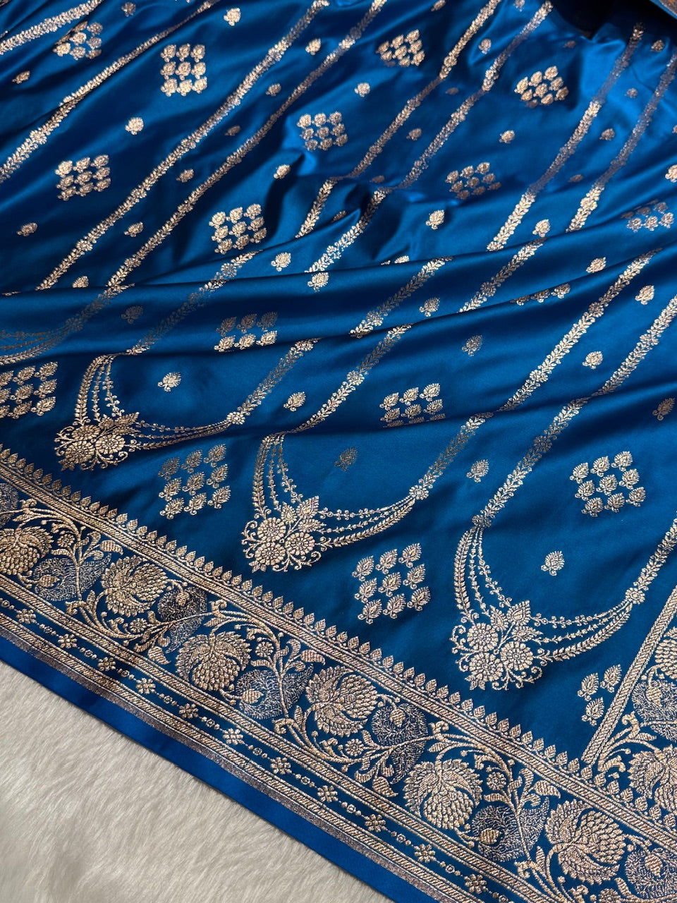 Dusty Blue Floral Boota Pattern Satin Katan Silk saree SK39