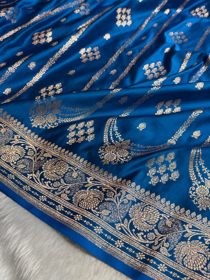 Dusty Blue Floral Boota Pattern Satin Katan Silk saree SK39