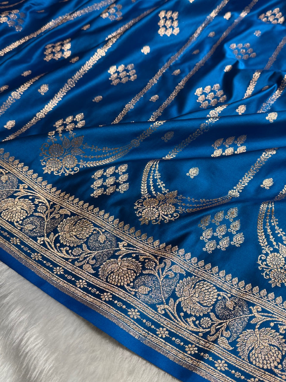 Dusty Blue Floral Boota Pattern Satin Katan Silk saree SK39