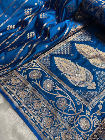 Dusty Blue Floral Boota Pattern Satin Katan Silk saree SK39