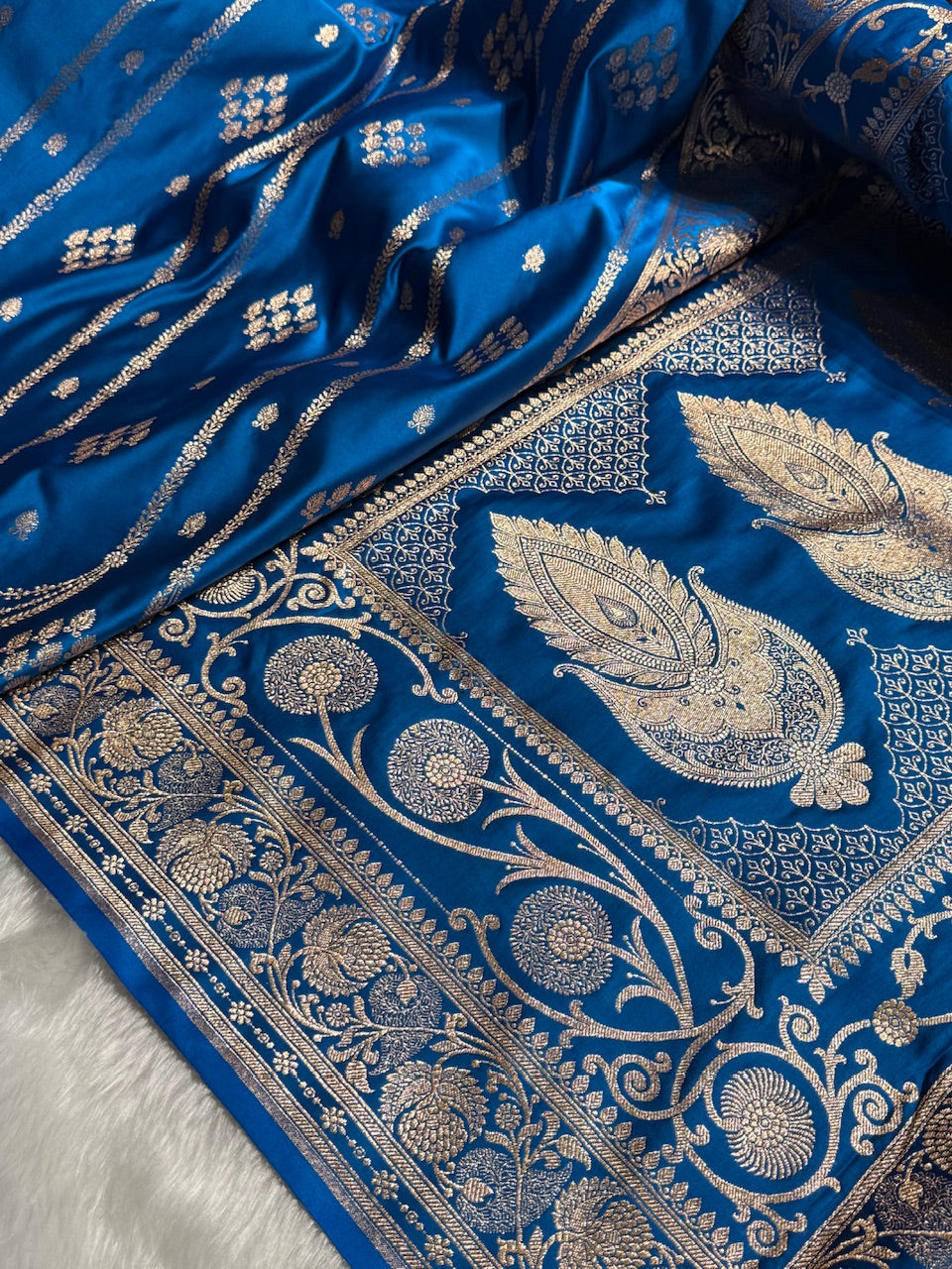 Dusty Blue Floral Boota Pattern Satin Katan Silk saree SK39