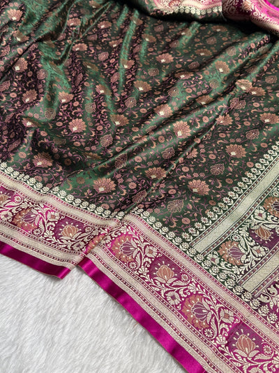 Bottle Green - Rani Contrast Jamawar Tanchoi Jaal Katan Silk Saree SKTM-18
