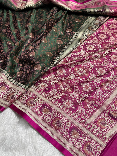 Bottle Green - Rani Contrast Jamawar Tanchoi Jaal Katan Silk Saree SKTM-18