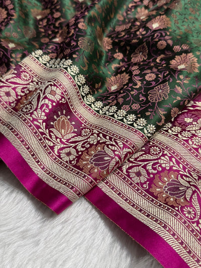 Bottle Green - Rani Contrast Jamawar Tanchoi Jaal Katan Silk Saree SKTM-18