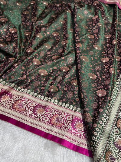 Bottle Green - Rani Contrast Jamawar Tanchoi Jaal Katan Silk Saree SKTM-18