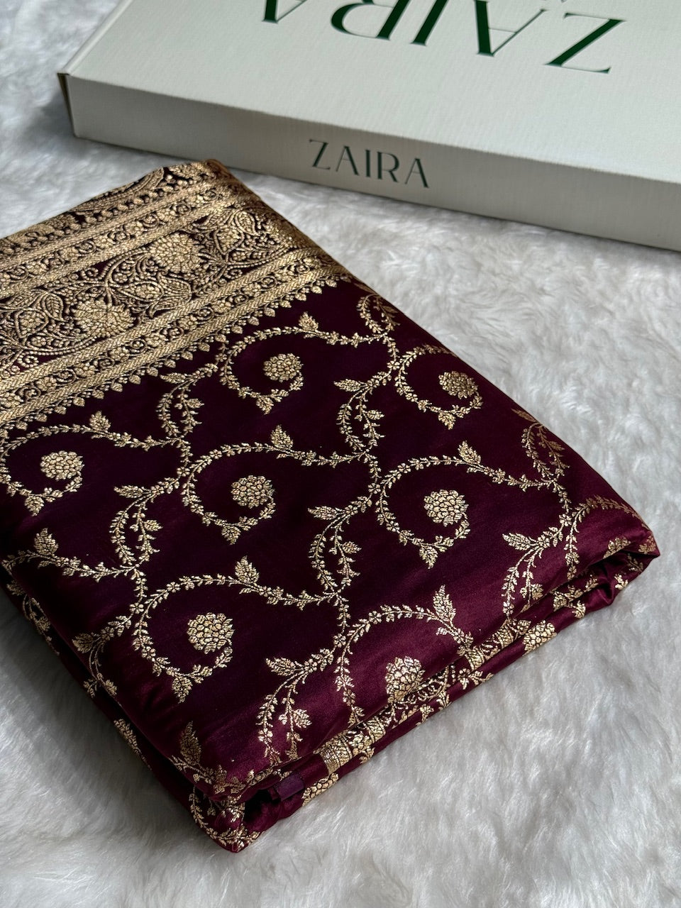 Garnet Floral Jaal Pattern Satin Katan Silk saree SK55