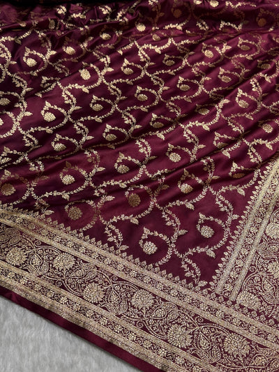 Garnet Floral Jaal Pattern Satin Katan Silk saree SK55