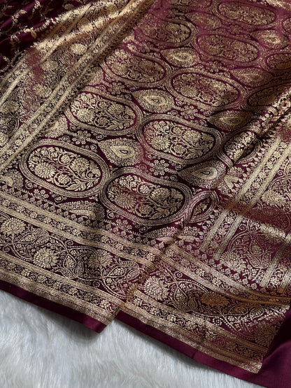 Garnet Floral Jaal Pattern Satin Katan Silk saree SK55