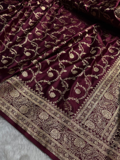 Garnet Floral Jaal Pattern Satin Katan Silk saree SK55