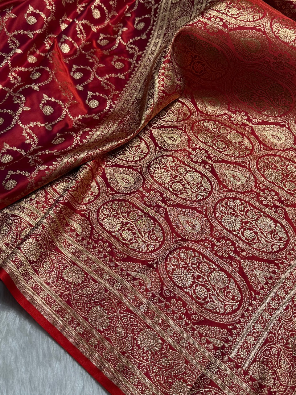 Magnetic Red Floral Jaal Pattern Satin Katan Silk saree SK55