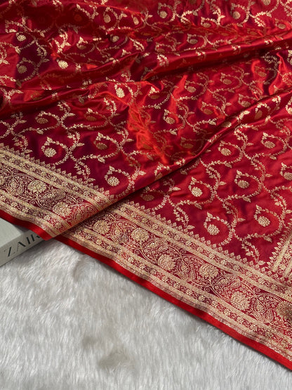 Magnetic Red Floral Jaal Pattern Satin Katan Silk saree SK55