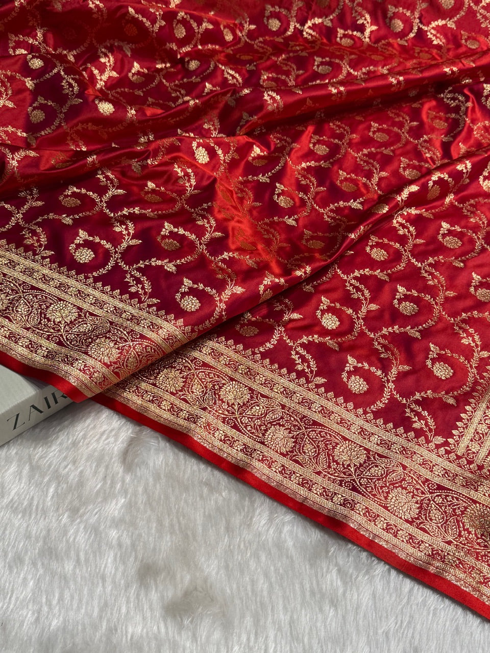 Magnetic Red Floral Jaal Pattern Satin Katan Silk saree SK55