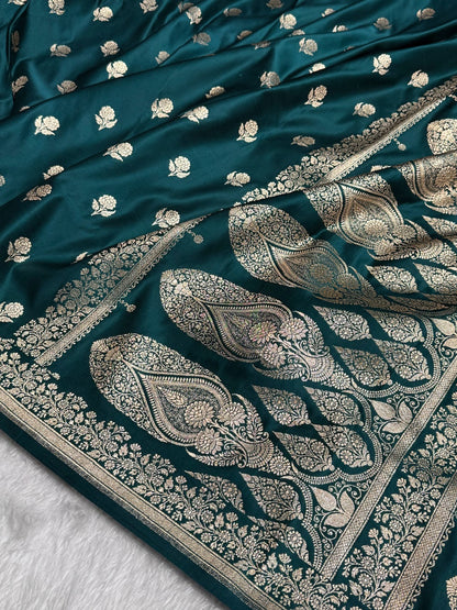 Dark Peacock Floral Booti Katan Silk Saree SK23