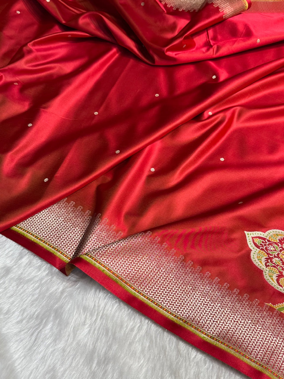 Red Booti Pattern Satin Katan Silk Saree SK56