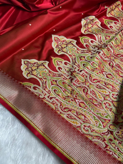 Red Booti Pattern Satin Katan Silk Saree SK56